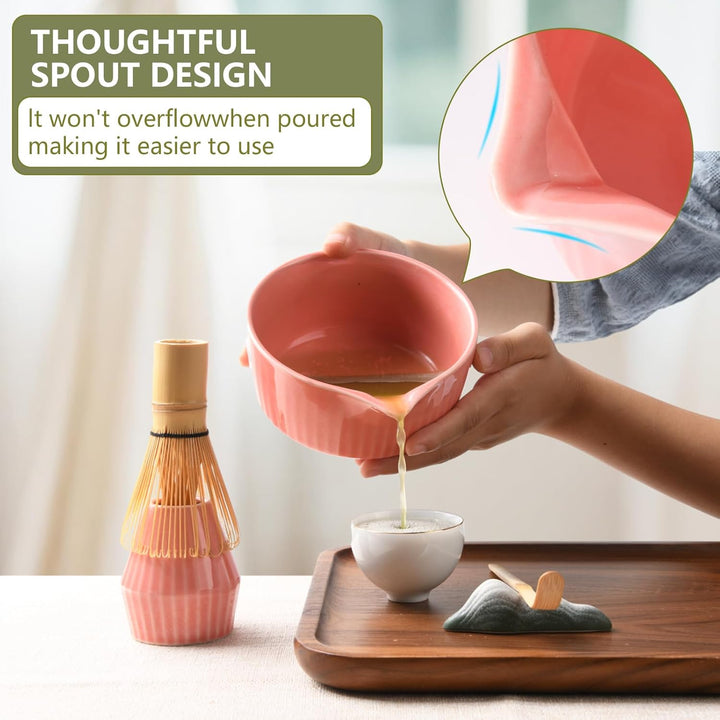 Matcha Set Premium 7-teilig Keramik: Matcha Schale, Bambus Besen (Chasen),Teebesenbasis，Teelöffel, S
