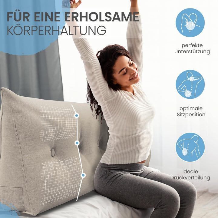 ELONEO Rückenkissen 180 cm breit, Keilkissen für Bett und Sofa geeignet, dreieckiges Lesekissen, Kis