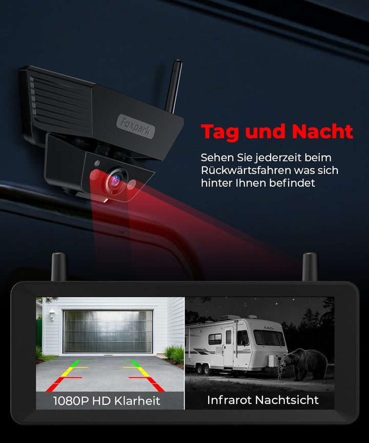 Solar Rückfahrkamera Kabellose 7,2 Zoll 1080P HD : Split Screen Monitor mit Starkem Signal Schnelle