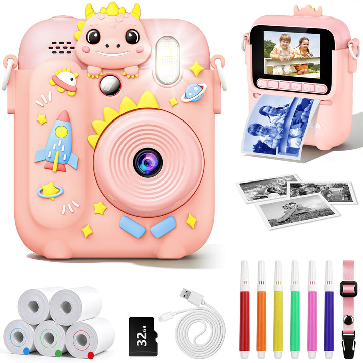 Sofortbildkamera Kinder mit 5 Rollen Druckpapier und 32GB-Karte | Dinosaurier Kinderkamera, 2,4 Zoll