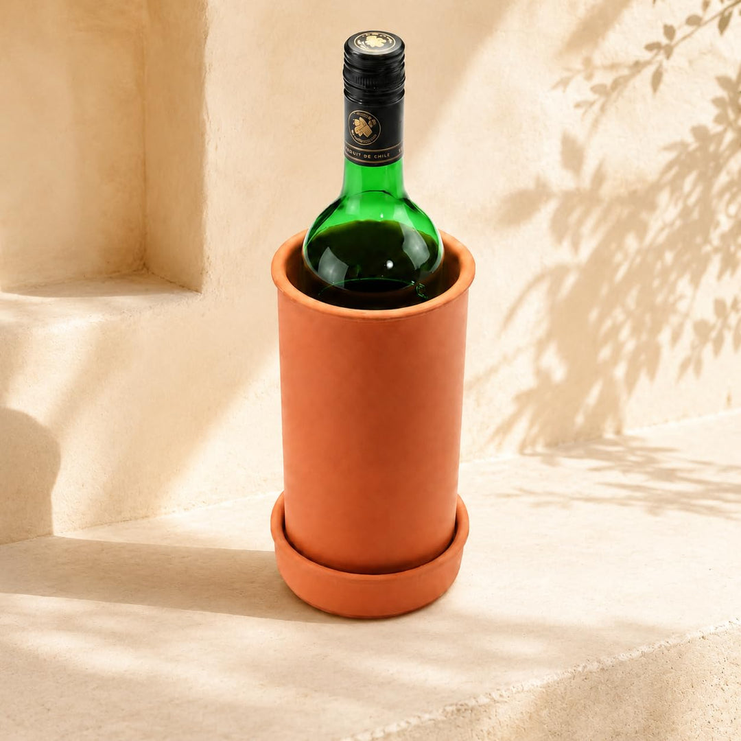 Weinkühler aus Ton/Keramik Natur mit Untersetzer – Flaschenkühler für Wein, Sekt &amp; Getränke, für 700