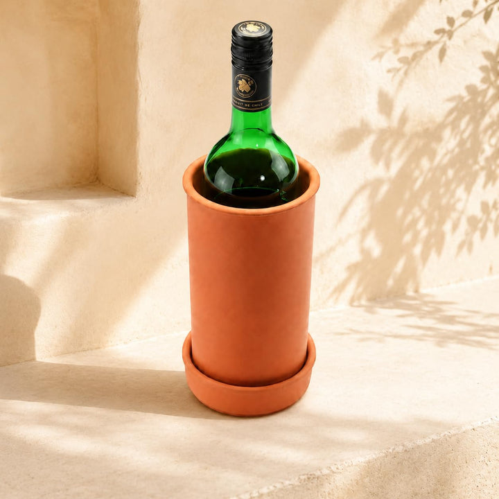 Weinkühler aus Ton/Keramik Natur mit Untersetzer – Flaschenkühler für Wein, Sekt &amp; Getränke, für 700