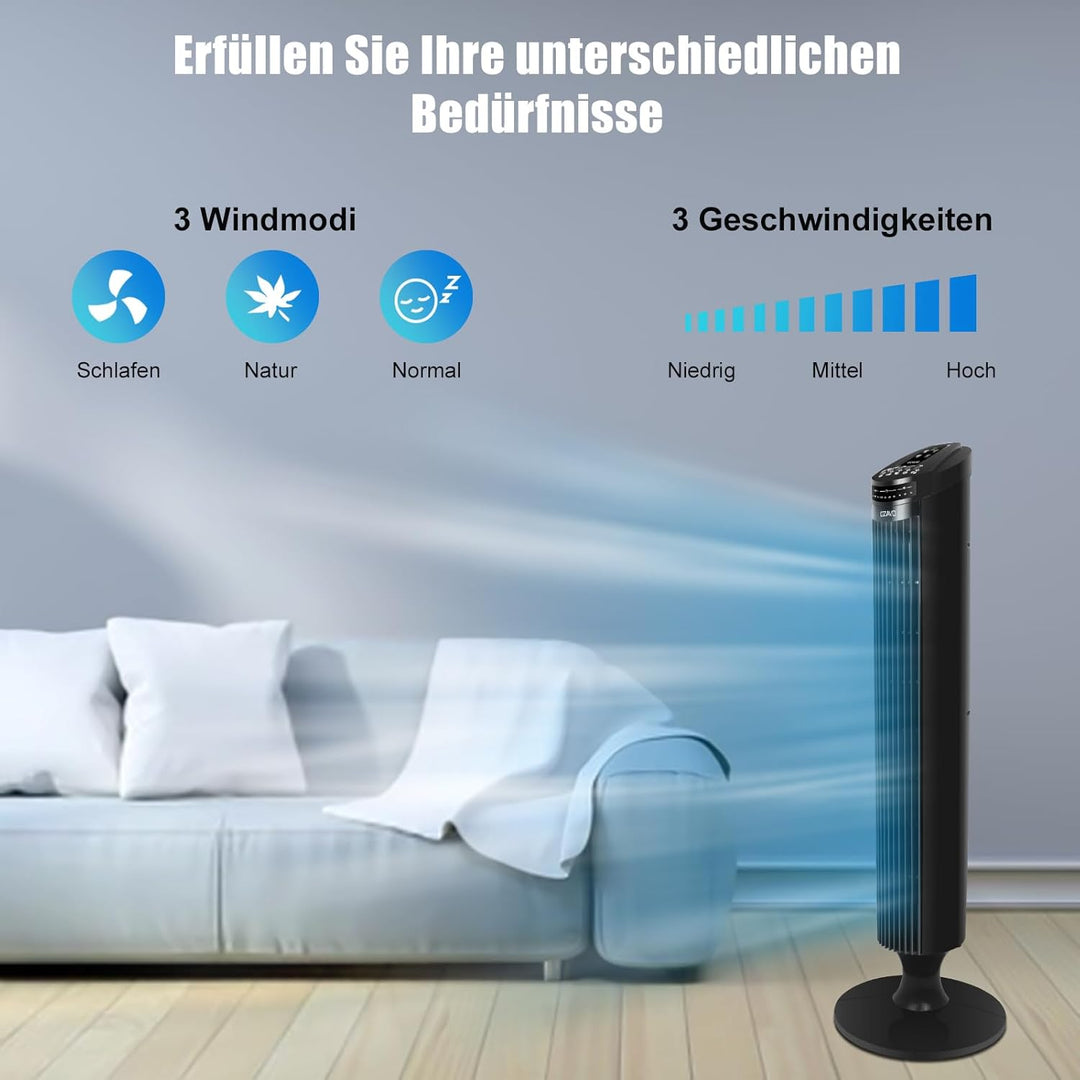 OZAVO Turmventilator, Tower-Ventilator mit Fernbedienung, 3 Laufgeschwindigkeiten und Auto-Funktion,
