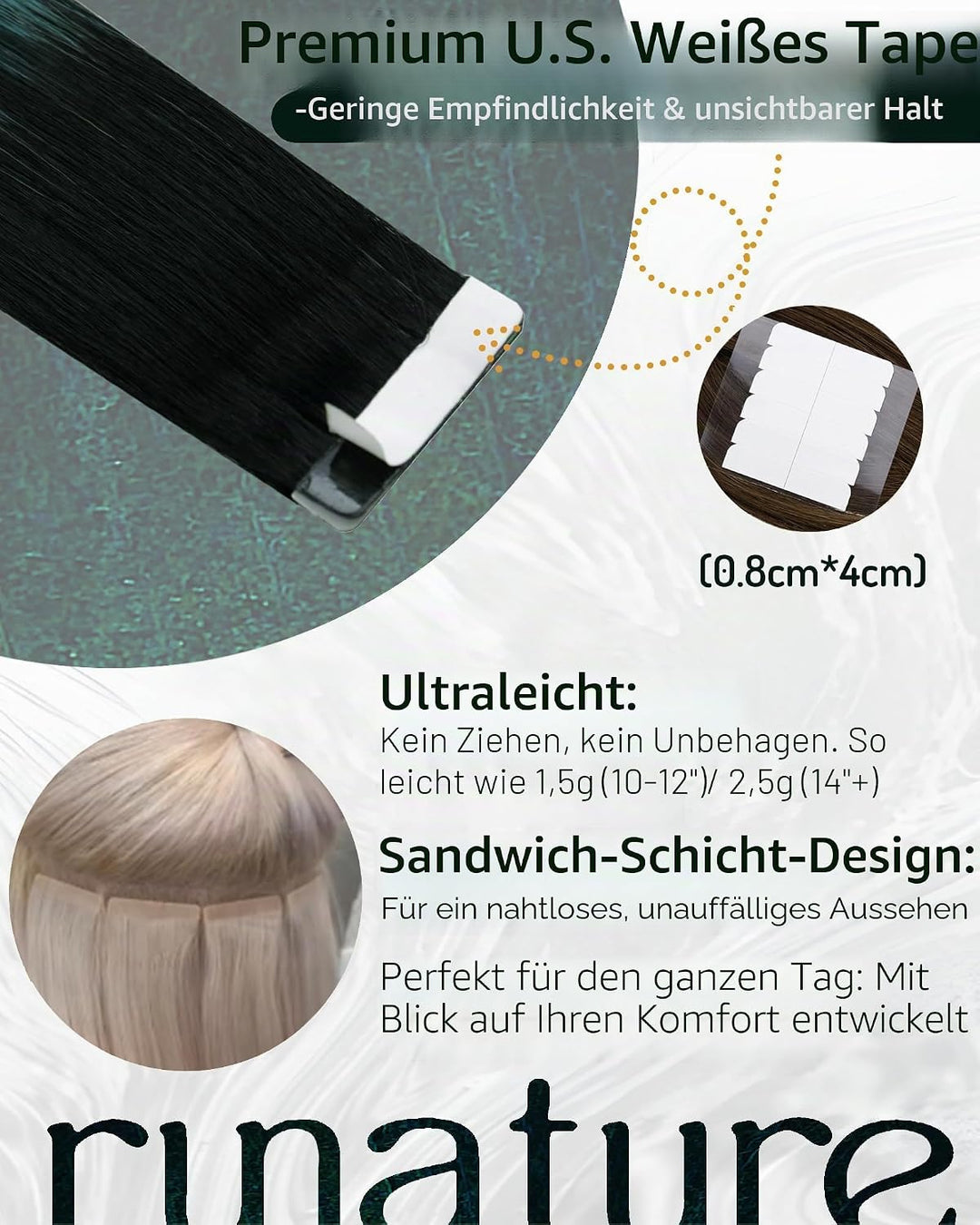 RUNATURE Tape in Extensions Echthaar Schwarz Ombre Grün Echthaar Extensions Tape 35cm 20 Stück 40g 