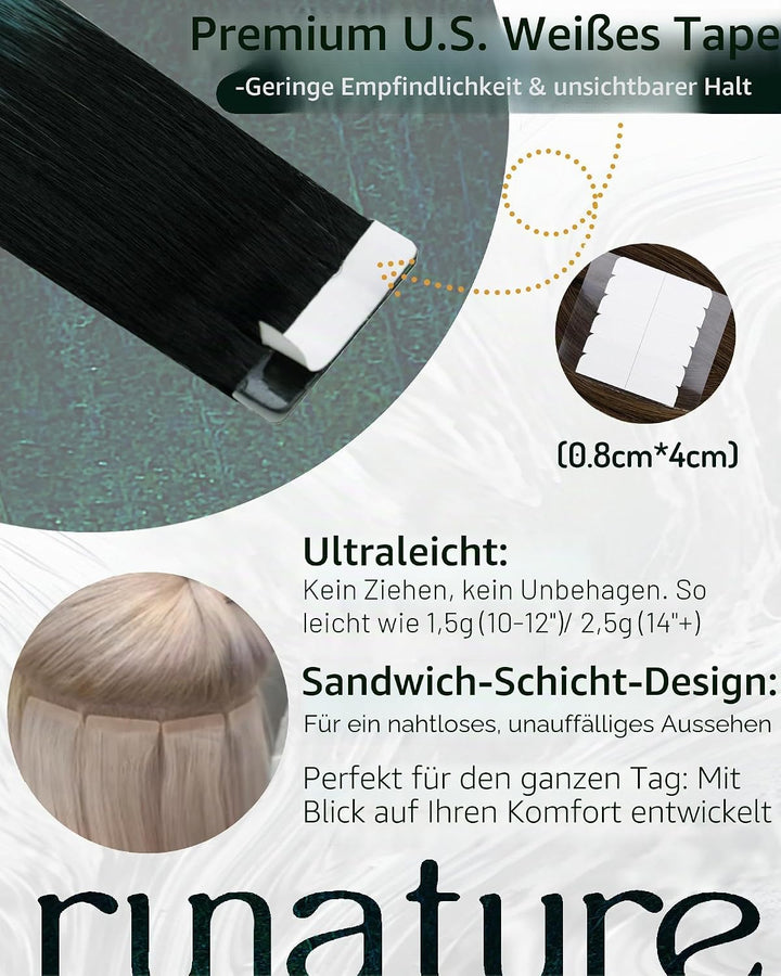 RUNATURE Tape in Extensions Echthaar Schwarz Ombre Grün Echthaar Extensions Tape 35cm 20 Stück 40g 