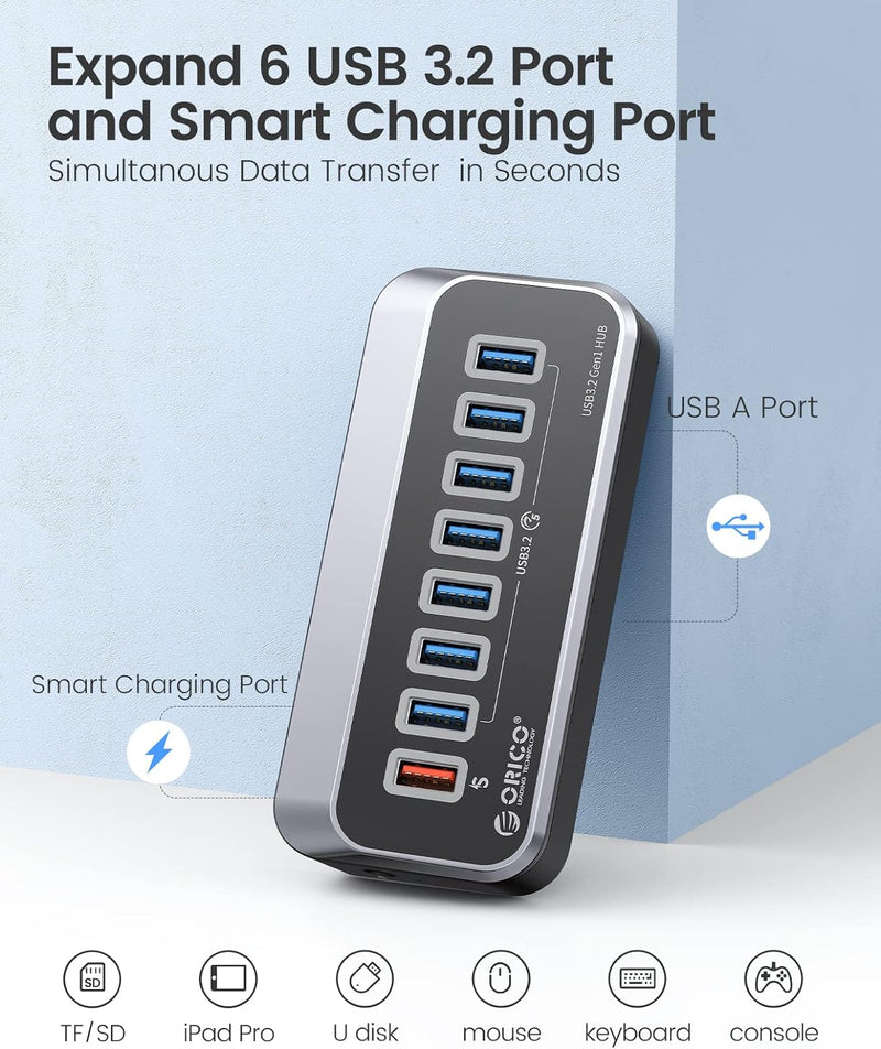 ORICO USB C Hub, 7 Port USB Hub 3.2 Gen 1, USB Verteiler 5Gbps Datenübertragung Port und einen Ladea