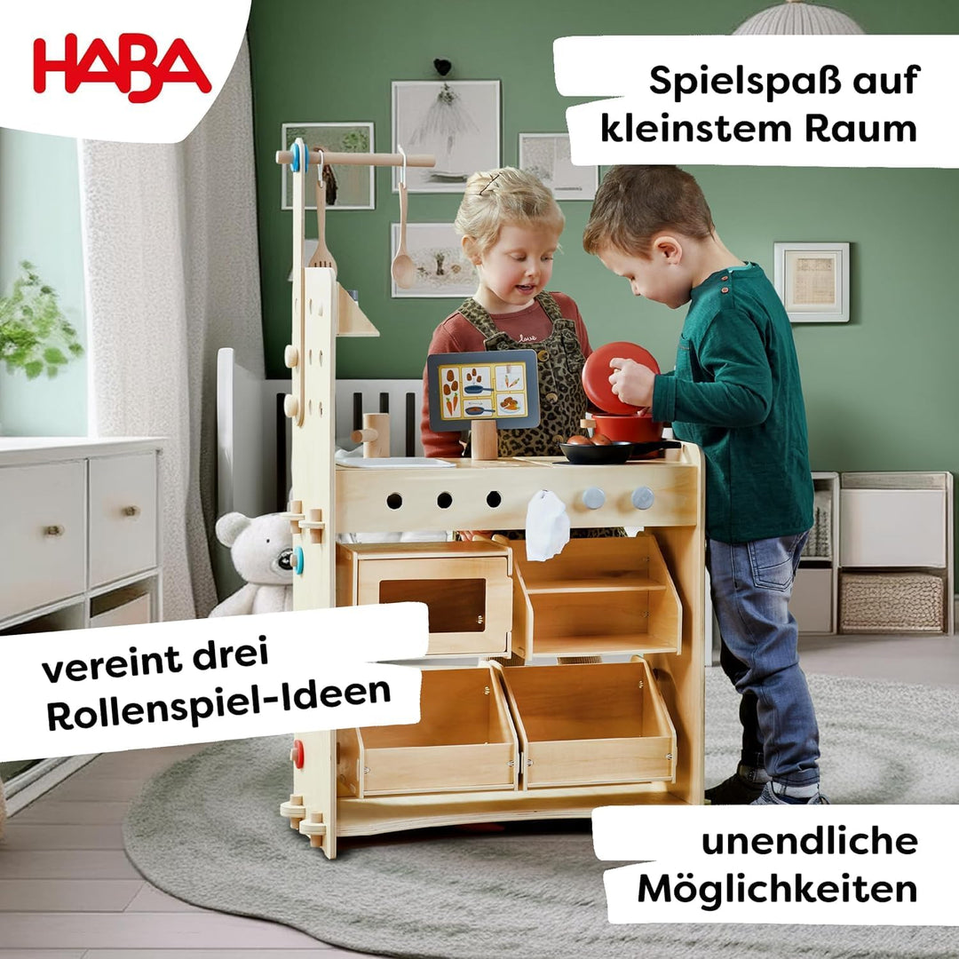 HABA Creative Play 3 in 1 - Spielküche, Kaufladen & Werkstatt für Kinder ab 3 Jahren - Werkzeugloser