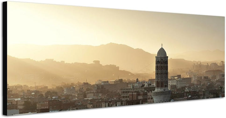 Paul Sinus Art Panoramabild auf Leinwand und Keilrahmen 120x40cm Jemen Sanaa Gebäude Sonnenuntergang