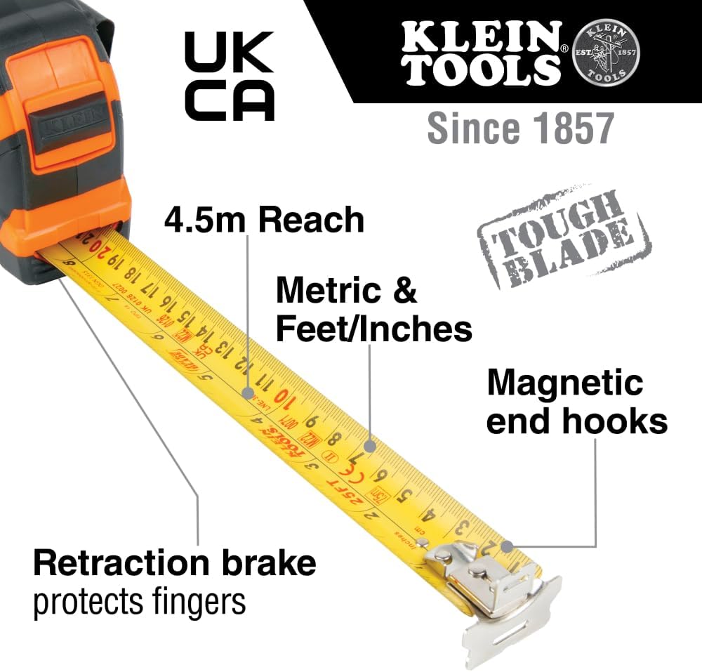 Klein Tools, 7,5 m Haken doppelseitiges Massband, magnetisch mit Rückzugsgeschwindigkeit und Metall-