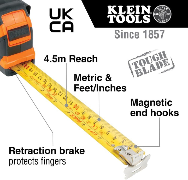 Klein Tools, 7,5 m Haken doppelseitiges Massband, magnetisch mit Rückzugsgeschwindigkeit und Metall-