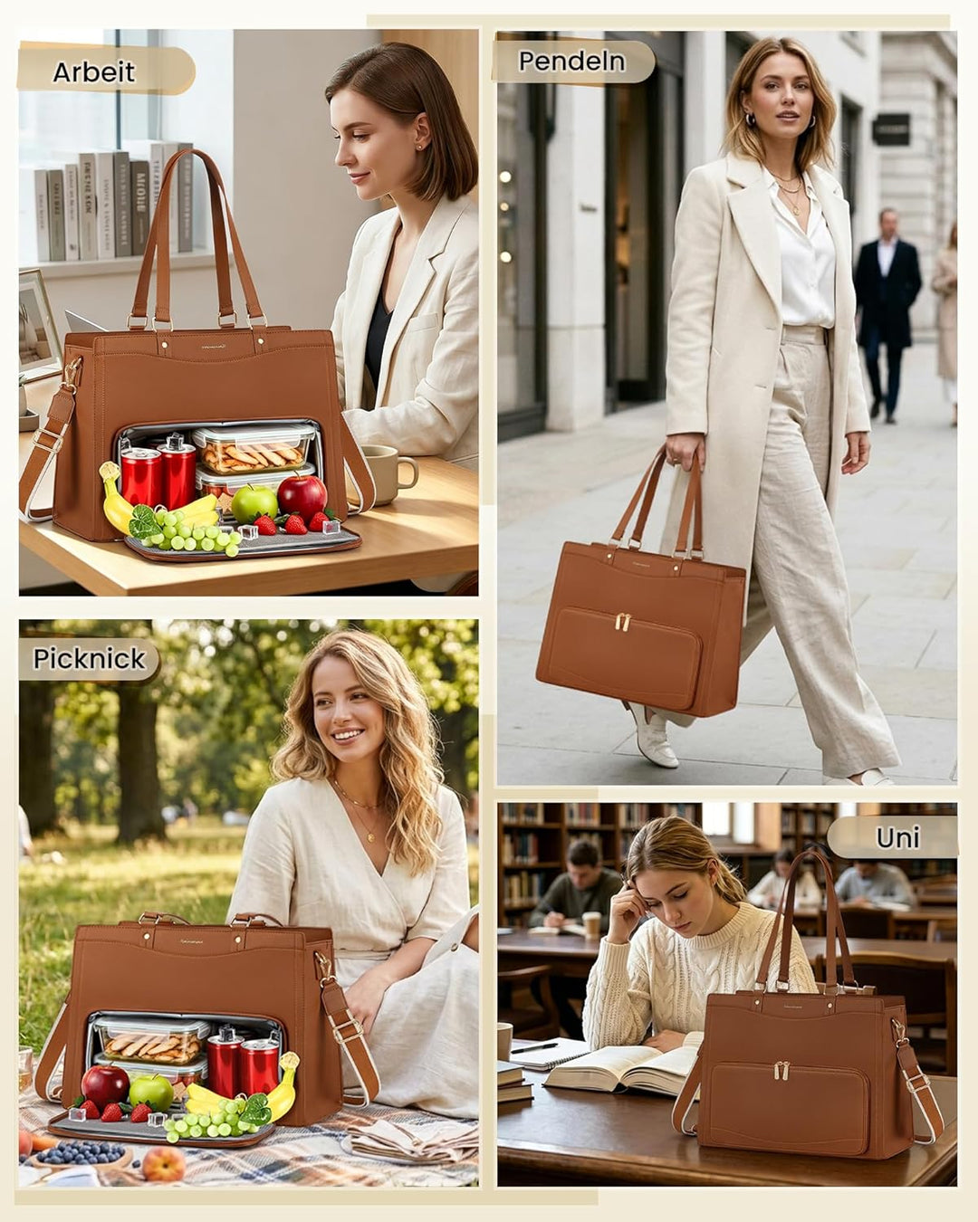 RAINSMORE Lehrertasche Damen mit Kühlfach 15,6 Zoll Laptoptasche Arbeitstasche Damen Gross PU Leder