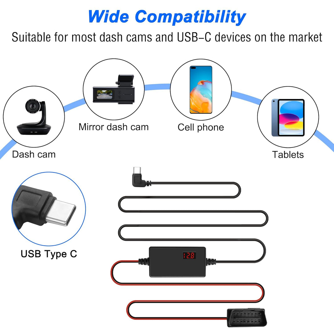 MEIRIYFA OBD OBD2 Stromkabel für Dash Kamera, OBD2 zu USB C Ladekabel mit 24-Stunden-Überwachung Typ