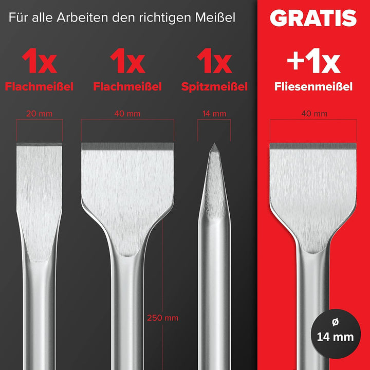 KSP-TEC® | SDS Plus Meissel Set | bestehend aus FLIESENMEIssEL, Flachmeissel und Spitzmeissel | verp