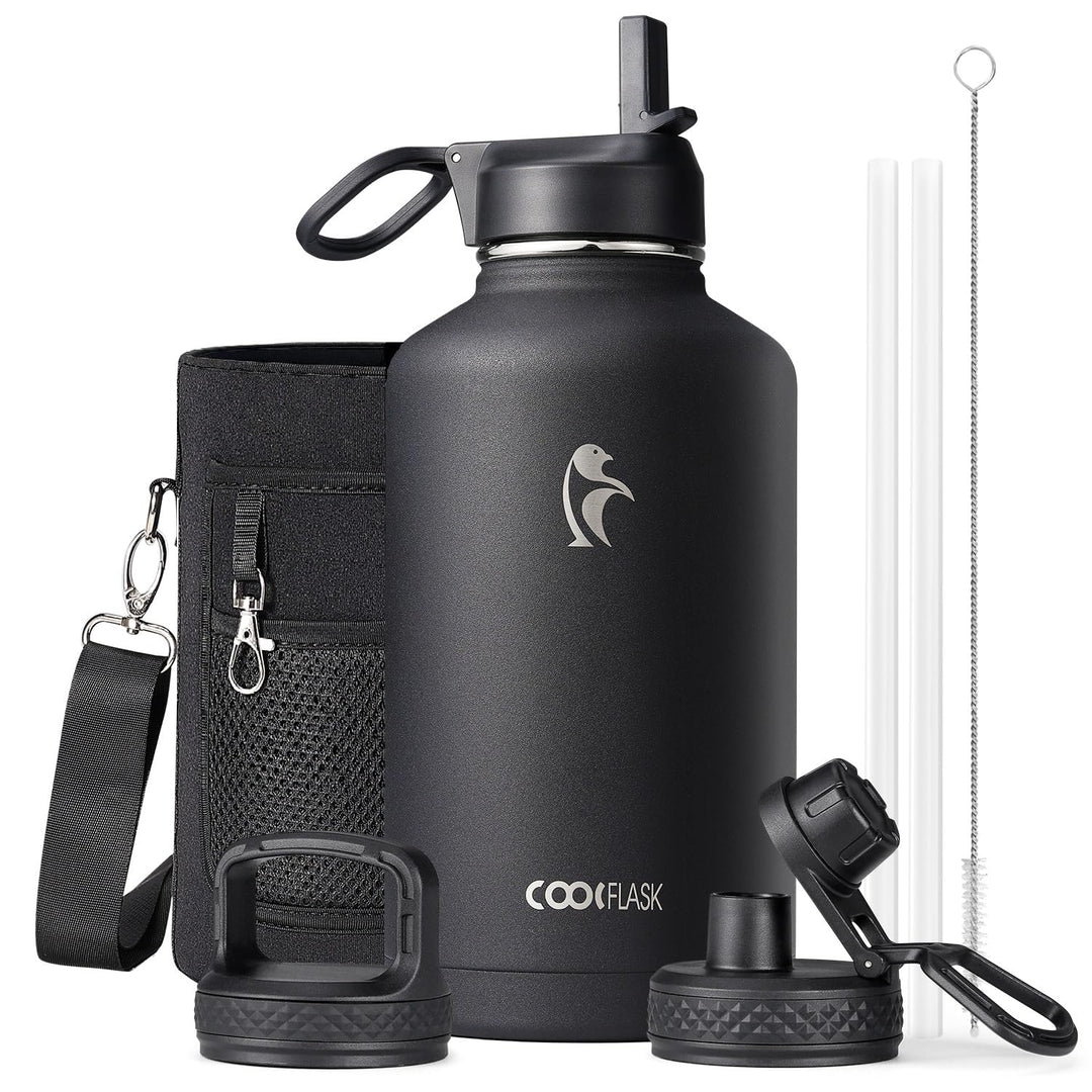 Isolierte Wasserflasche 2L, Coolflask Wasserflasche mit Strohhalm &amp; 3 Deckeln, Isolierte trinkflasch