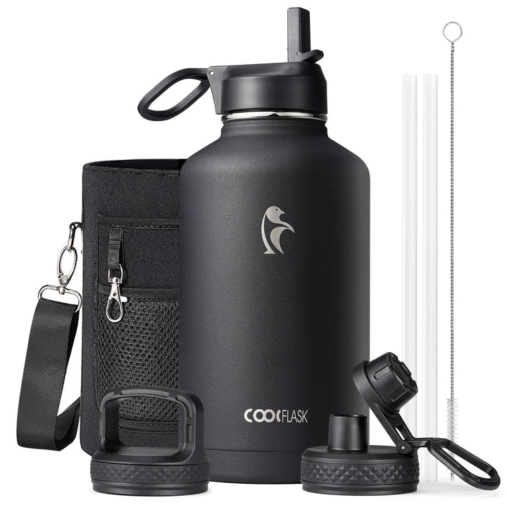 Isolierte Wasserflasche 2L, Coolflask Wasserflasche mit Strohhalm &amp; 3 Deckeln, Isolierte trinkflasch