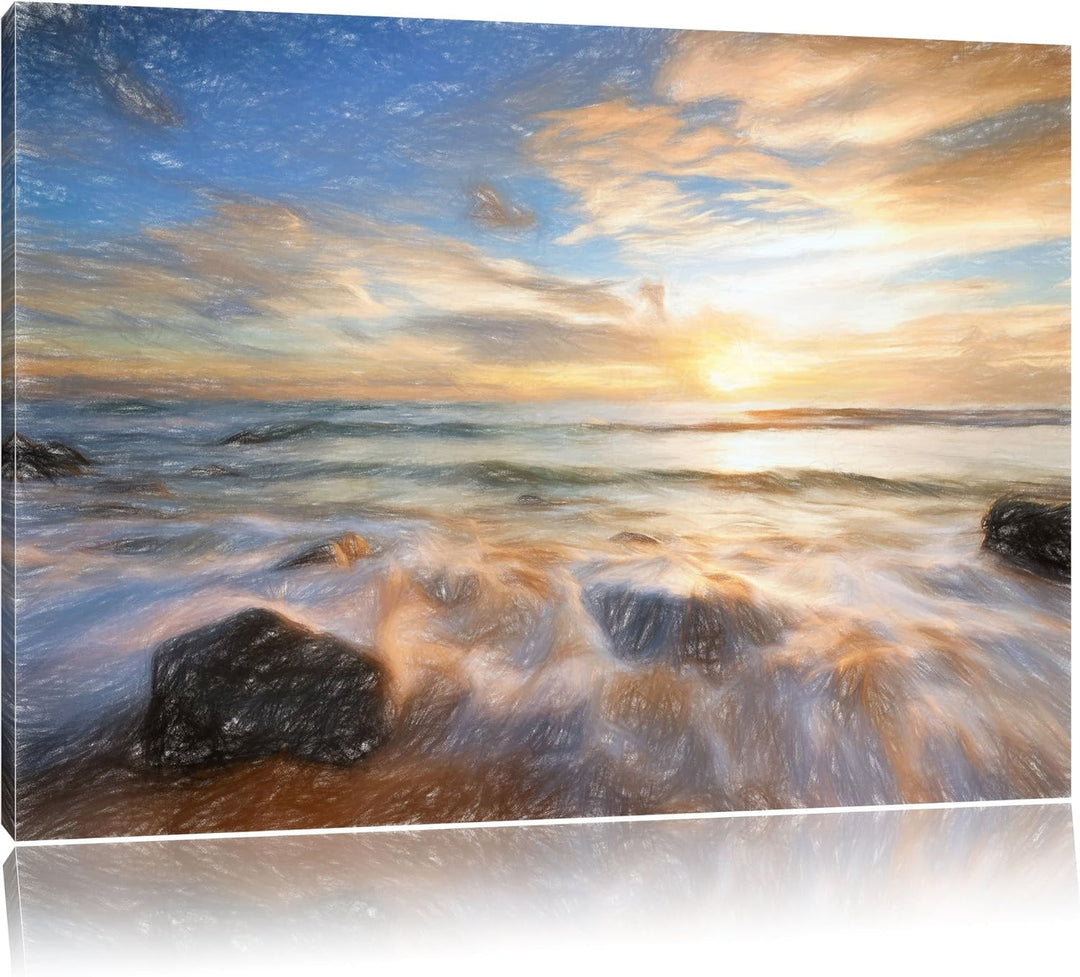 Pixxprint Sonnenuntergang am Meer als Leinwandbild/Grösse: 100x70 cm/Wandbild/Kunstdruck/fertig besp