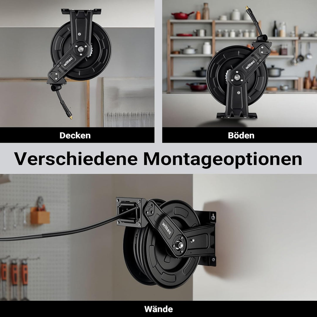 Wiltec Druckluft Schlauchtrommel 20 m, automatische Druckluftschlauchtrommel Stahl, 20 bar Druckluft