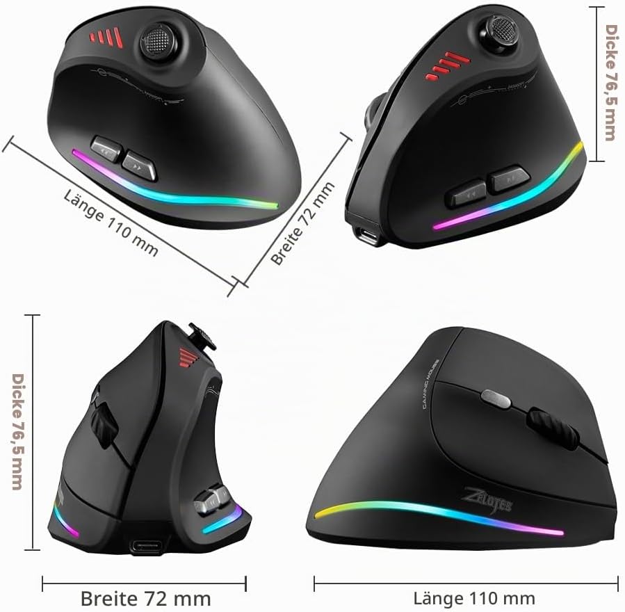 zelotes Kabellose Bluetooth Maus mit Joystick,24.000 DPI,11 Programmierbare Tasten, RGB,USB Optische