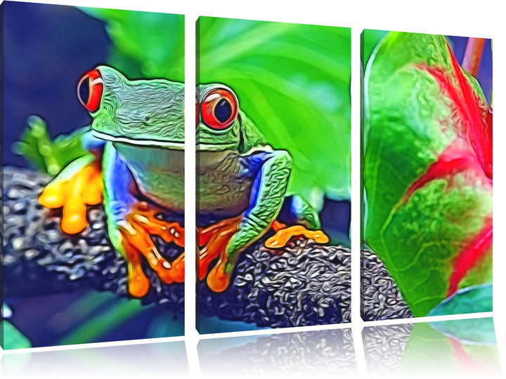 Rotaugenlaubfrosch auf Ast Spezial 3-Teiler Leinwandbild 120x80 Bild auf Leinwand, XXL riesige Bilde