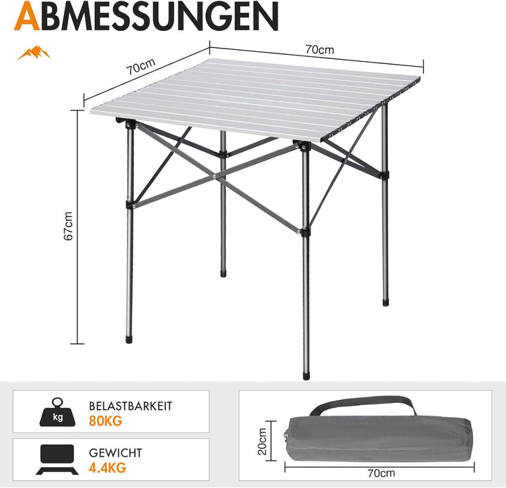 PORTAL Campingtisch klappbar Klapptisch Camping faltbar mit Aluminium Tischplatte belastbar 80kg mit