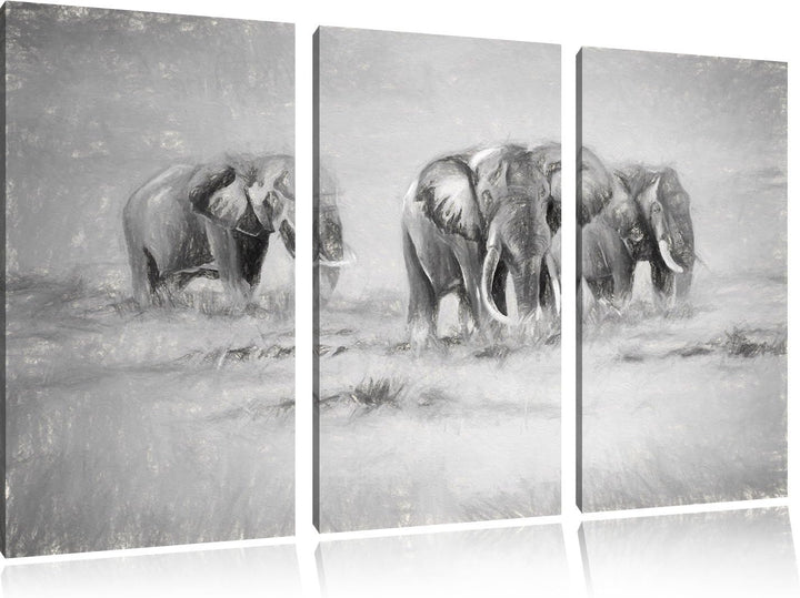 Pixxprint Elefanten in Südafrika / 3-Teilig/Gesamtmass 120cm Leinwandbild bespannt auf Holzrahmen/Wa