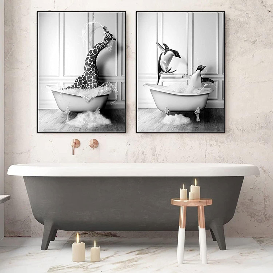 Tier Schwarz Weiss Wand Kunst Drucke, Leinwand Badezimmer Bilder Set Lustig Elefant Zebra Pinguine G