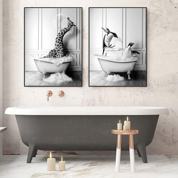 Tier Schwarz Weiss Wand Kunst Drucke, Leinwand Badezimmer Bilder Set Lustig Elefant Zebra Pinguine G