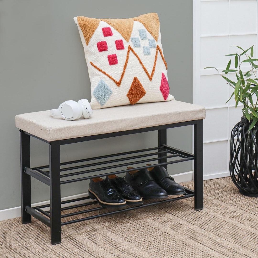 DuneDesign Schuhregal 81x32x46 cm offener Schuhschrank mit 2 Böden stabile Sitzbank Schuhbank aus Me