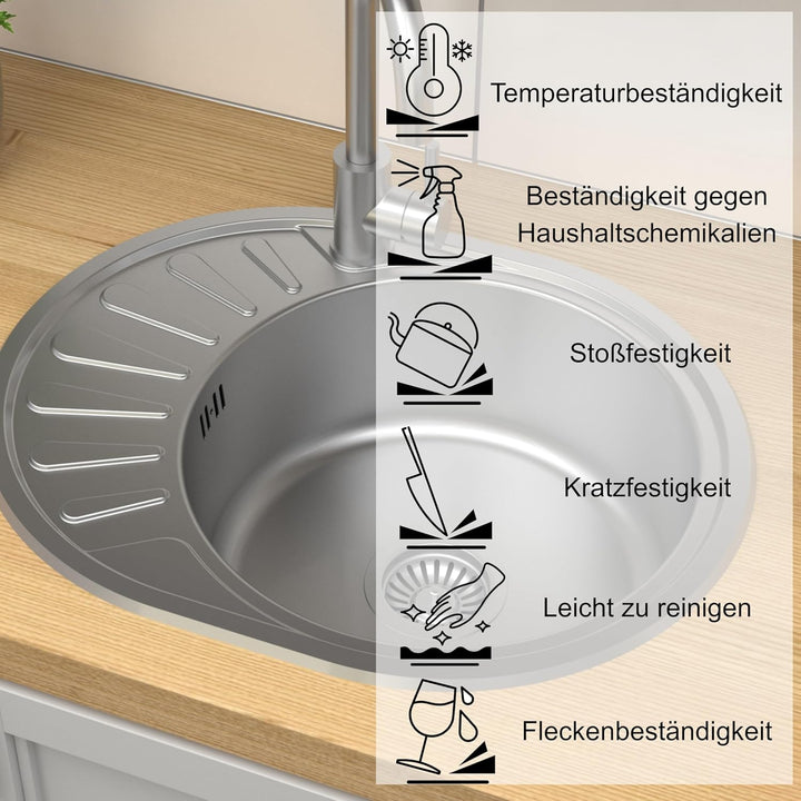 QUADRON Einbeckenspüle Waschbecken mit Abtropffläche | Grösse 45 cm Farbe: Satin | JIM Einzelbecken