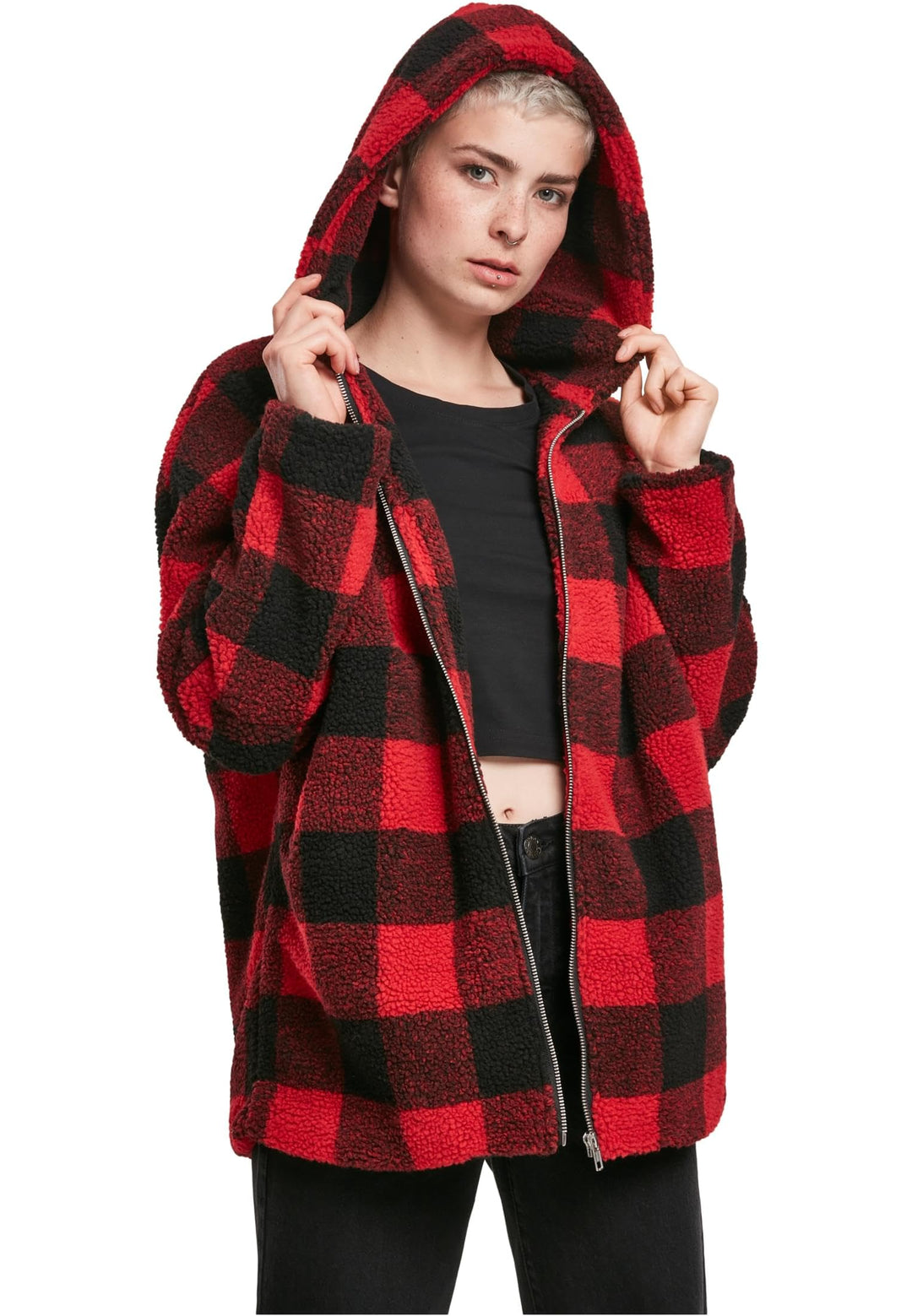 Urban Classics Damen Winter Jacke Ladies Oversized Check Sherpa Jacket mit Kapuze, Holzfäller Karo M