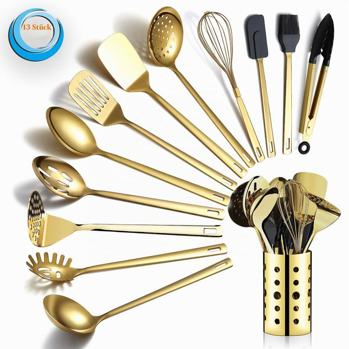 Berglander Gold Kochutensilien Set, Edelstahl 13 Stück Küchenutensilien Set mit Titan Vergoldung, Kü