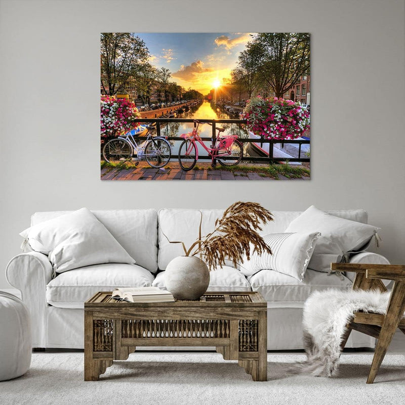 Bilder auf Leinwand 100x70cm Leinwandbild Bikes Kanal Amsterdam Architektur Gross Wanddeko Bild Schl