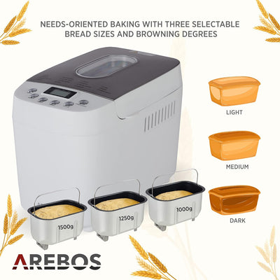 Arebos Brotbackautomat 1500g | mit 15 Programmen | 2 Knethaken | Timer | LCD Display | 3 Bräunungsgr