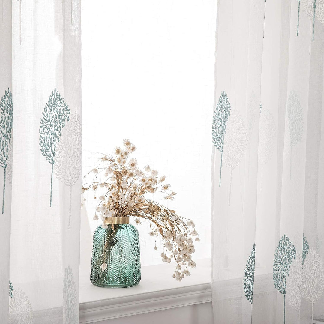 MIULEE Wohnzimmer Vorhänge Transparent mit Türkis und Weiss Blätter Muster, Modern Stickerei Gardine