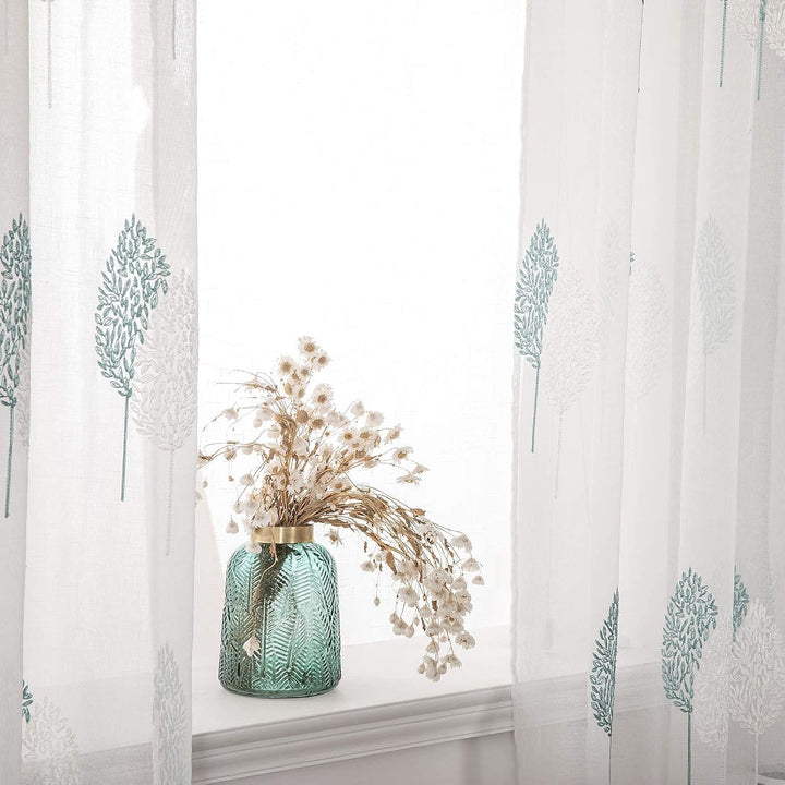 MIULEE Wohnzimmer Vorhänge Transparent mit Türkis und Weiss Blätter Muster, Modern Stickerei Gardine