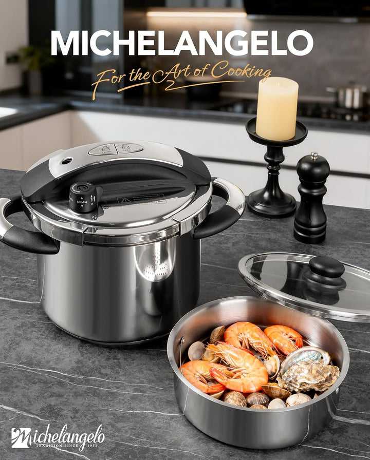 MICHELANGELO Edelstahl-Schnellkochtopf 6 Liter, für Induktion | 3-in-1 Schnellkochtopf, Reiskocher &amp;