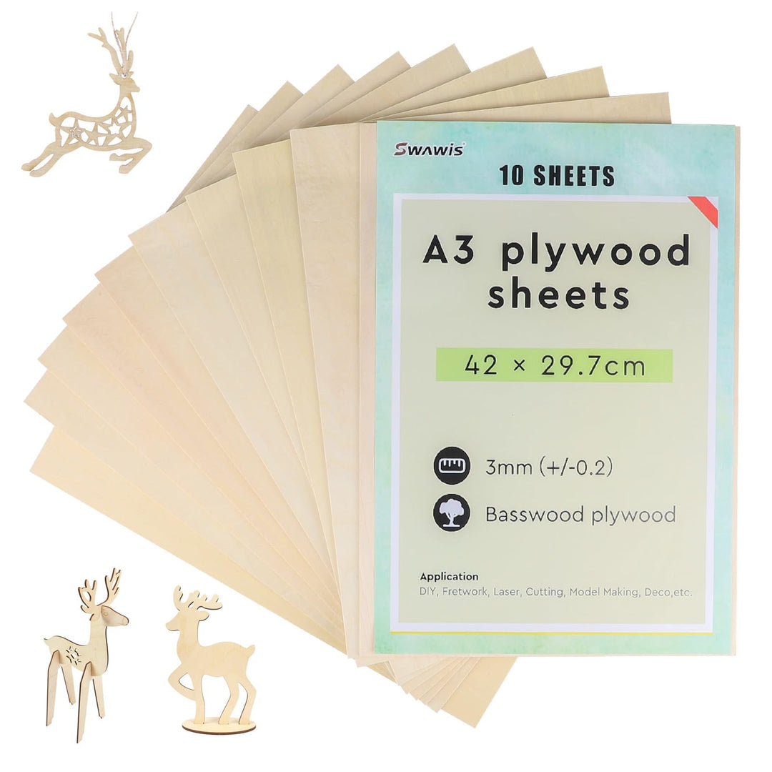 SWAWIS 10 Stück A3 Sperrholzplatte 3mm, Sperrholz Lindenholz 420 * 300mm, Bastelholz-Platten, Holz P