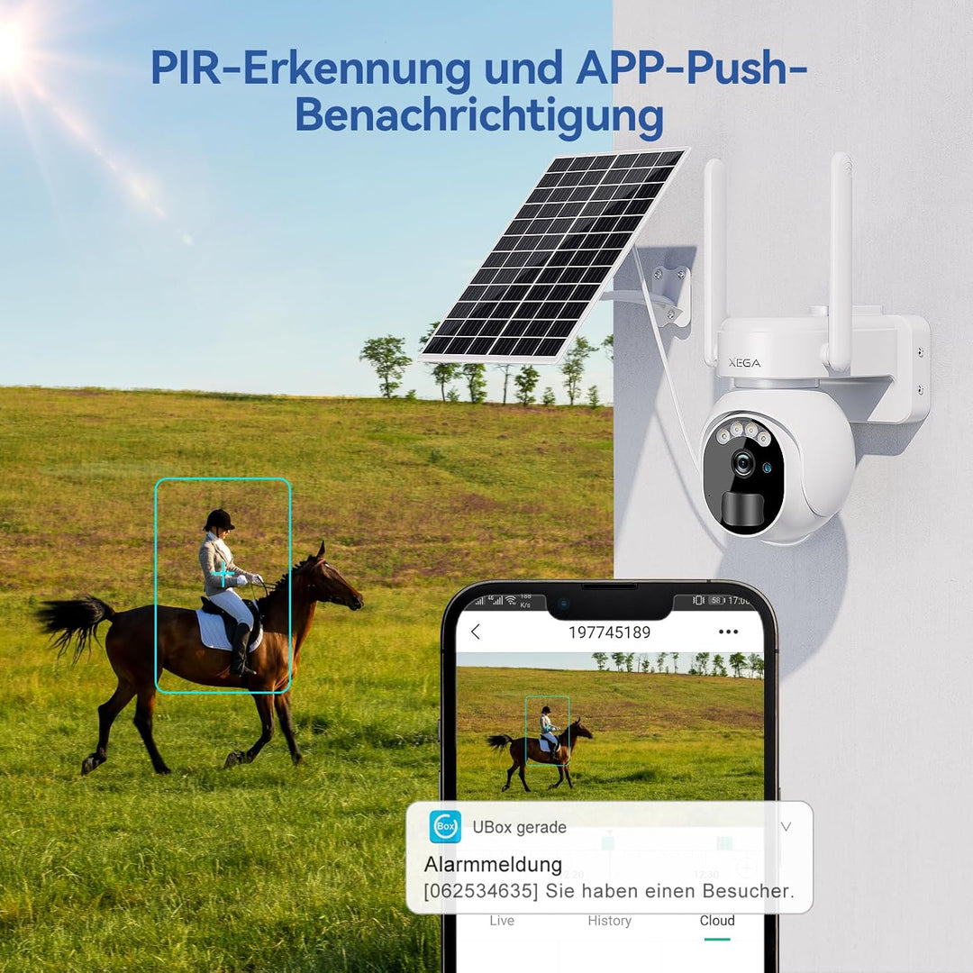 Xega 4G LTE Überwachungskamera Aussen Solar mit SIM Karte - 2K HD 3MP PTZ Kabellos Kamera Ohne WLAN