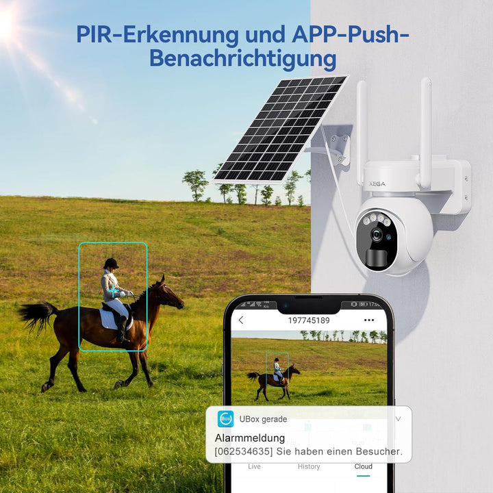 Xega 4G LTE Überwachungskamera Aussen Solar mit SIM Karte - 2K HD 3MP PTZ Kabellos Kamera Ohne WLAN