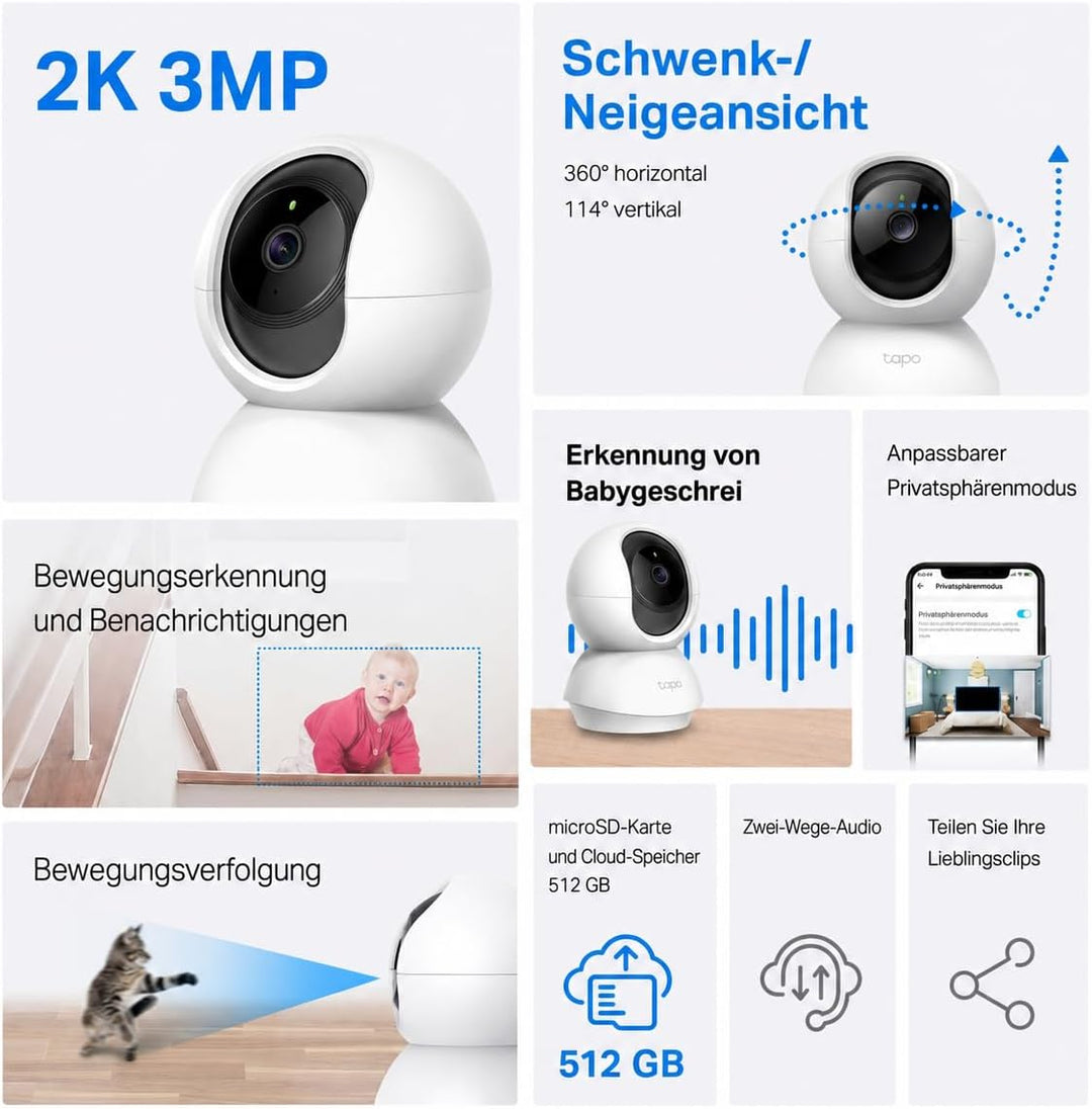 Tapo C21A 2K 3MP Überwachungskamera innen 360°, Nachtsicht, Bewegungserkennung, Zwei-Wege-Audio, Bab