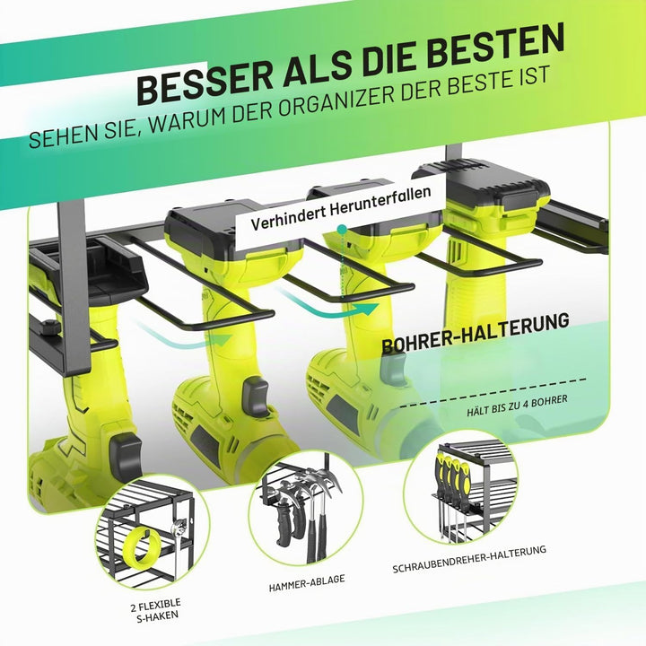 Wand-Organizer für Elektrowerkzeuge, Werkzeughalter für 4 Bohrmaschinen, 3 Steckplätze, mit seitlich