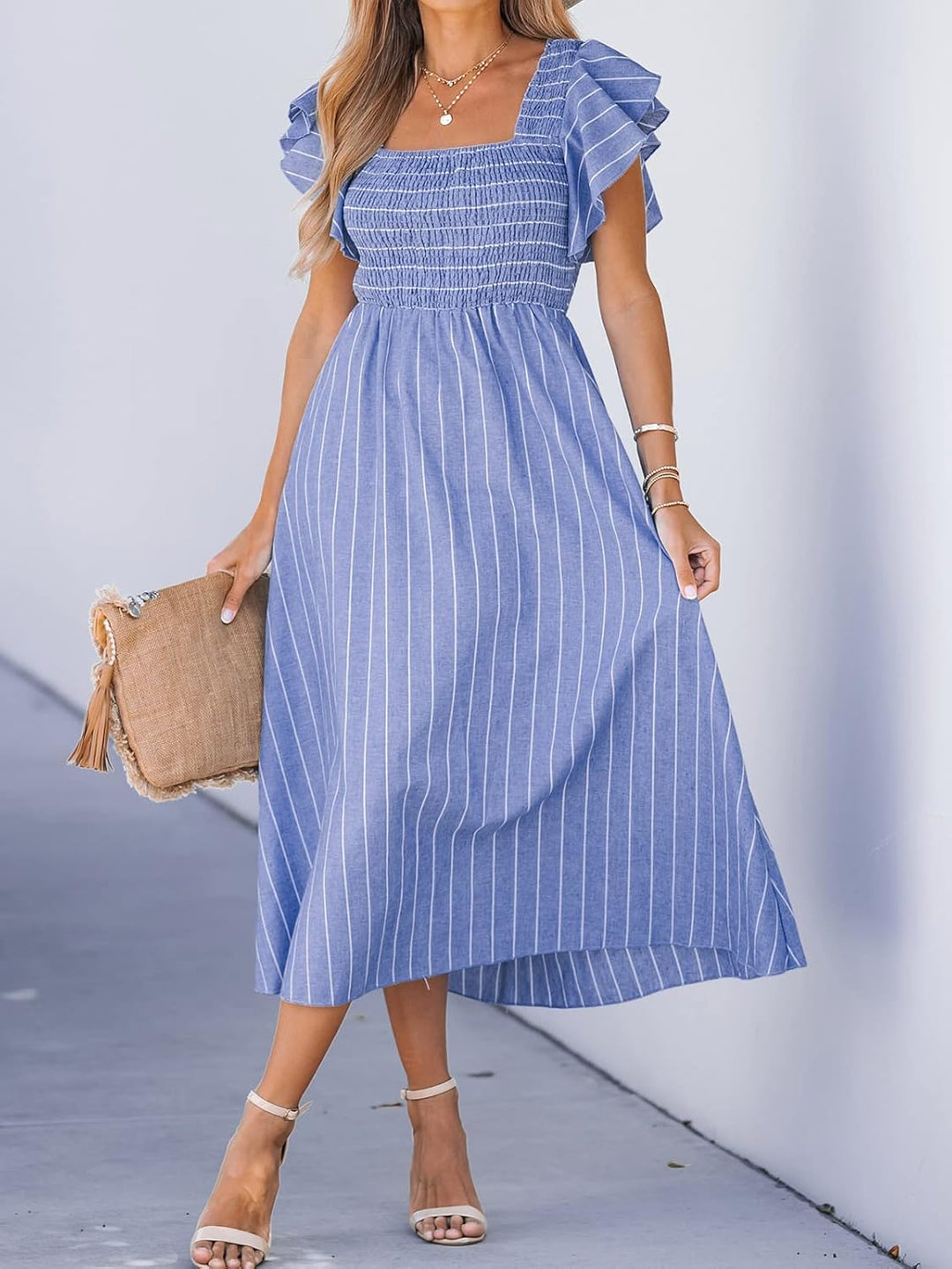 CUPSHE Damen Sommerkleid Quadratischer Ausschnitt Volantärmel Nadelstreifen A Linie Gesmoktes Maxikl