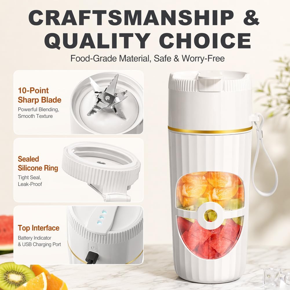 Gohytal Kleine Tragbarer Mixer, 400ml Smoothie Maker, Kleiner Mixer mit 10 Edelstahl Klingen, USB Wi