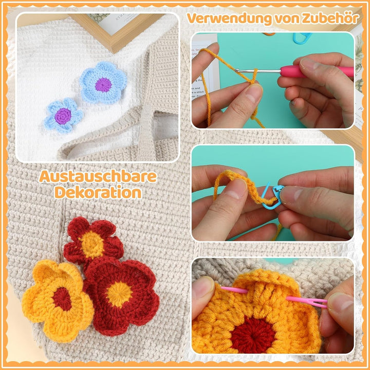 Deudy Pnytty Häkeltaschen-Set für Anfänger, komplettes Starter-Set mit Garn, Haken und Schritt-für-S