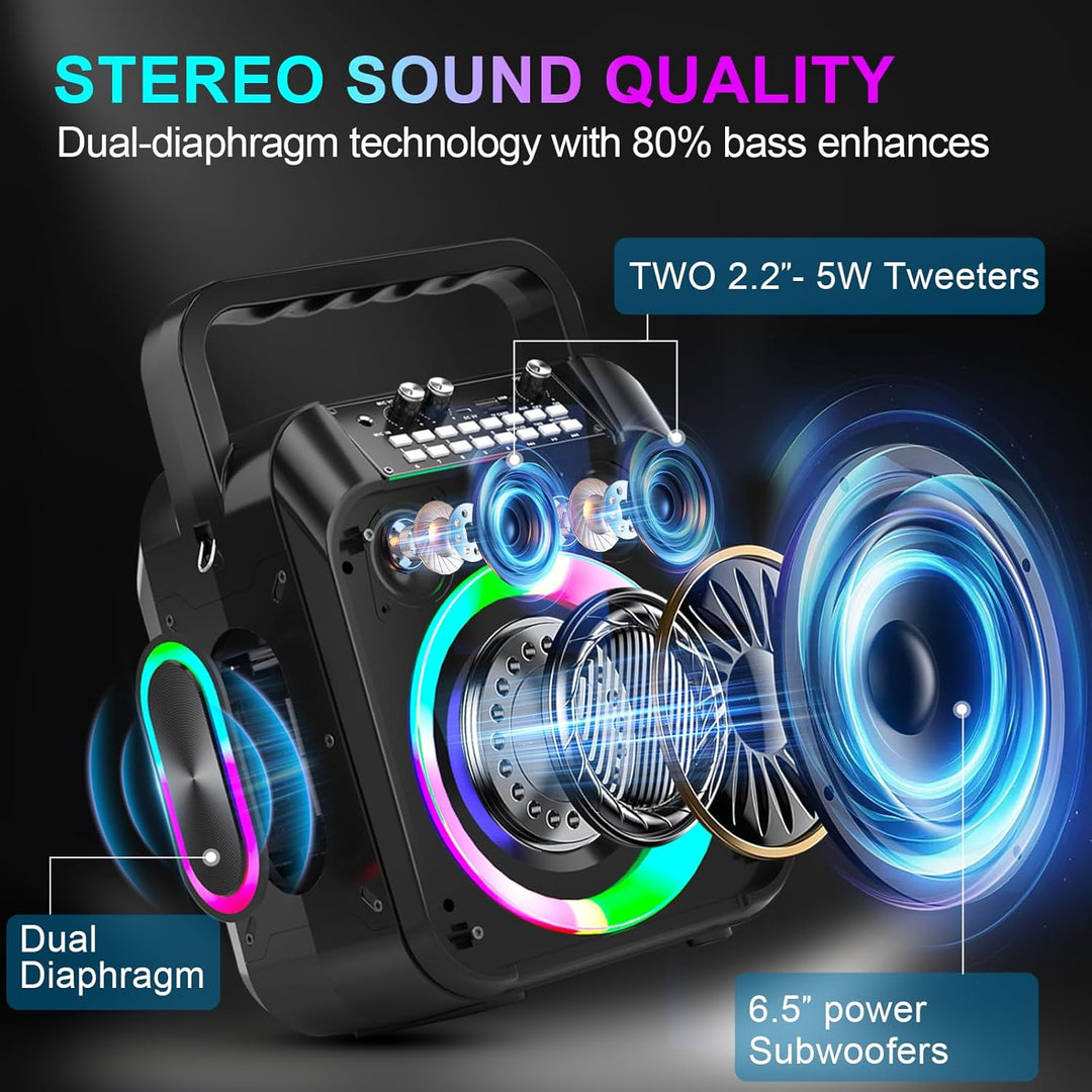 Karaoke Maschine,30W Tragbare Bluetooth Lautsprecher mit 2 Drahtlosen Mikrofon,6000mAh Akku 8H Spiel