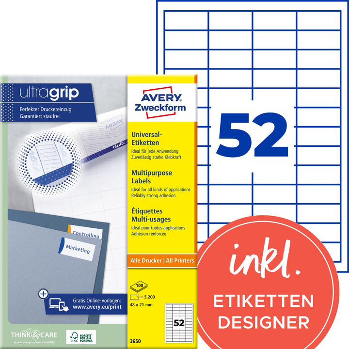 AVERY Zweckform 3650 Universal Etiketten (5.200 Klebeetiketten, 48x21mm auf A4, Papier matt, individ