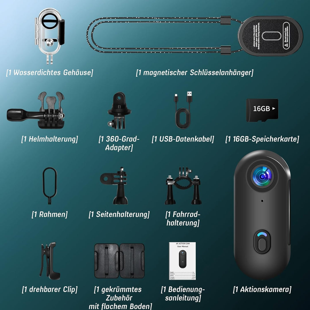Action Cam 4K und 16 GB Speicherkarte Mini Unterwasserkamera Wasserdicht bis 30M, 360° Helmkamera Fa