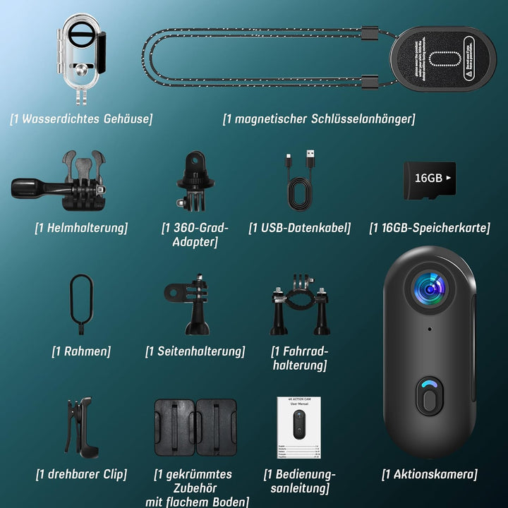Action Cam 4K und 16 GB Speicherkarte Mini Unterwasserkamera Wasserdicht bis 30M, 360° Helmkamera Fa