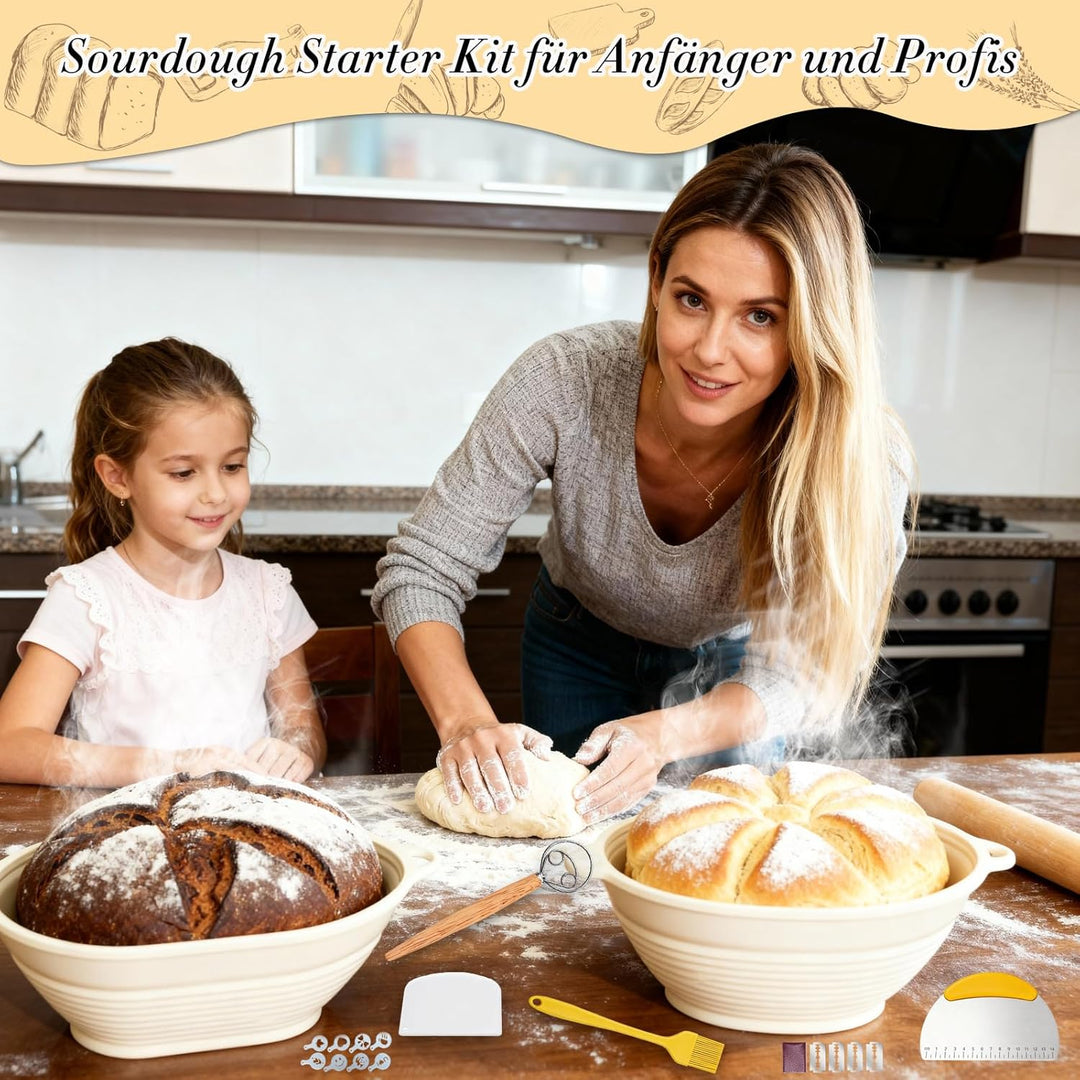 Gärkörbchen Set,13-Teilig Sauerteig Starter Set,28 cm Gärkörbchen Oval und 25 cm Gärkorb Rund aus Si