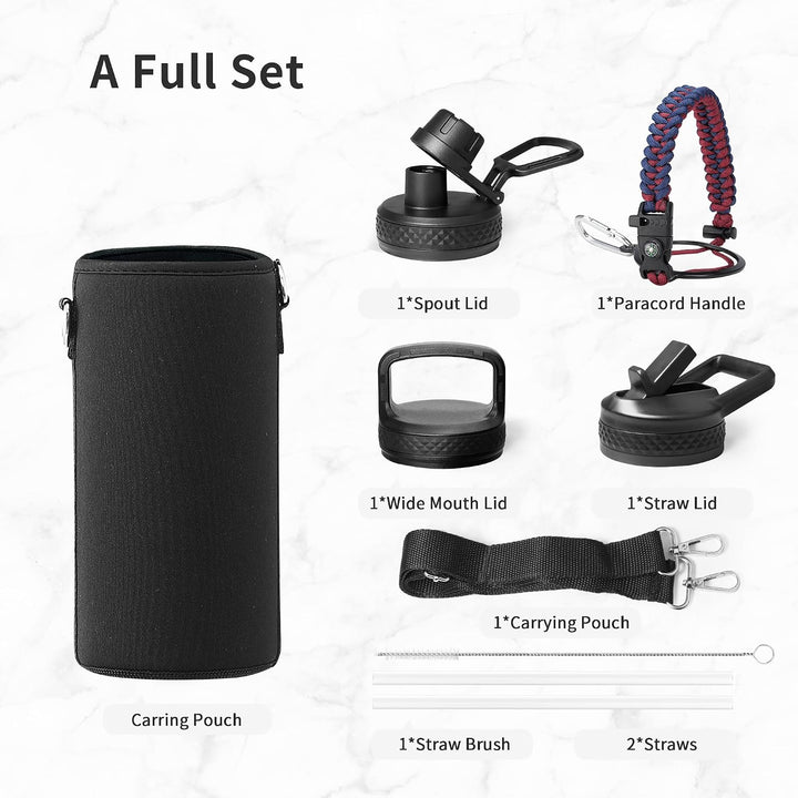 Trebo 946 ml Edelstahl Trinkflasche Isoliert mit Paracord-Griff &amp; 3 Deckeln | Metall Wasserflasche m